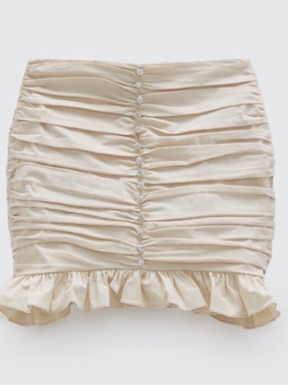 Zara Cream Ruched Mini Skirt with jeweled Button Front and Ruffle Hem